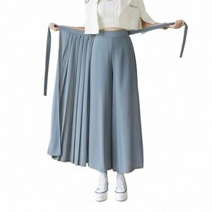 Lente Zomer Nieuwe Stijl Koreaanse Vrouwen Geplooide Chiff Broek Hoge Taille Broek Hakama Casual Wijde Pijpen Pantales v41F #