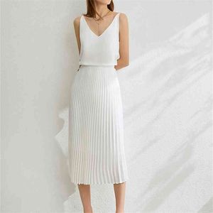 Spring Summer Office Wear White Black Long Rok Vintage Engeland Preppy Style Elastische Taille Basic Accordion Geplooid Rokken 210619