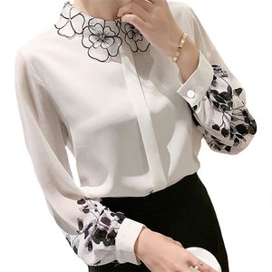 Lente zomer bloemblaadje vrouwen chiffon shirt lange mouw bloemen gedrukt top fashion office dame blouse 220407