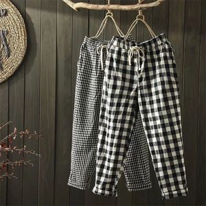 Lente Zomer Plaid Pant's Harem S Taille Taille Grote Maat Casual Losse Katoenen Linnen Broek 220325