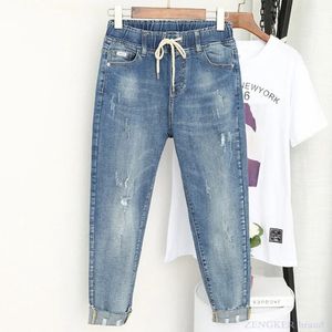 Lente zomer plus size jeans dames stretch dikke zus negenpuntsbroek waren dunne hoge taille broek plus maat 5xl 240315