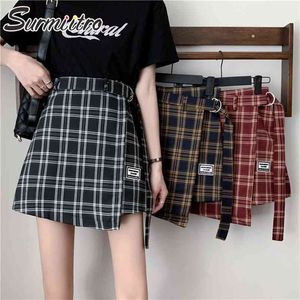 Lente Zomer Plus Size S-5XL Koreaanse Stijl Vrouwen Zwarte Plaid Hoge Taille Mini Zon School Rok Vrouwelijke Met Riem 210421