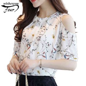 Lente zomer print chiffon blusas floral shirt voor vrouwen elegant off shoulder blouse plus size vrouwelijke tops 825c 210521