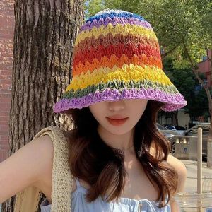 Primavera de verano Rainbow Woven Straw Sombrero Cubla Sol Bloque Sol BoLe Borde Hat Beurable Fisherman Hats Beach Straw Cap 240323