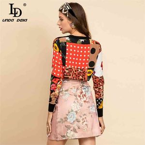 Lente Zomer Runway Mode Vest stijl breien Tops Vrouwen Lange Mouw Bloemenprint Zijden Trui 210522