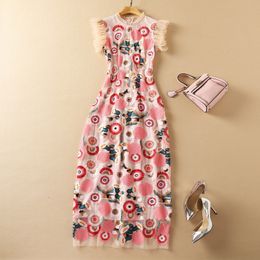 Printemps été sans manches col rond robe rose imprimé fleuri Tulle broderie lambrissé longue Maxi élégant robes décontractées 21O301027