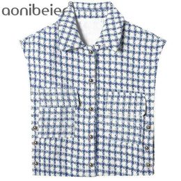 Lente zomer mouwloze single breasted vrouwen getextureerde checked jas bovenkleding revers kraag vrouwelijke casual plaid tops 210604