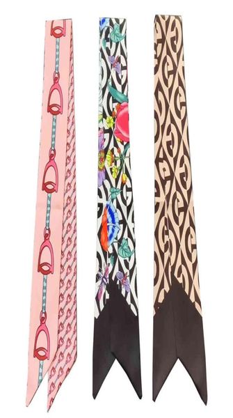 Printemps été petit long foulard en soie sergé pour les femmes cheval double imprimé élégant dames foulards de cou foulard de cheveux sac à main rubans2554035