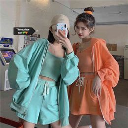 Lente Zomer Effen Kleur Casual Shorts Sets Woman Training Apparel Orange Camisole Sport Hooded Jacket 3 Stuk Set 210514