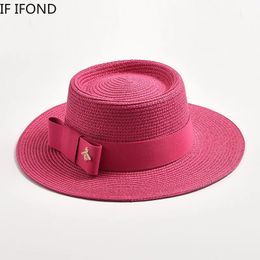 Sombreros de paja de primavera de verano para mujeres Reducir la superficie bulliciosa Top plana Top Bownot Tap Tourly Travel Sun Gorra 240412