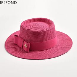 Lente zomer strohoeden voor vrouwen rond hobbelige oppervlakte platte bovenste bowknot jurk pet reizen strand zon hoed gorra 240412