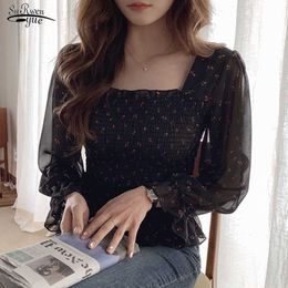 Frühling Sommer Süße Frauen Tops Bluse Druck Chiffon Bluse Chic Frauen Hemd Puff Sleeve Rüschen Elegante koreanische Kleidung 10311 210527