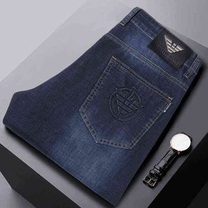 / Lente zomer dunne merk jeans heren los rechte elastische high taille in reliëf katoenen broek in reliëf