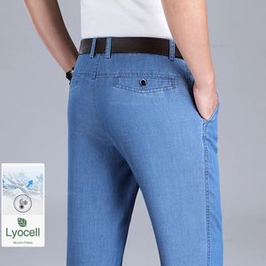 Spring Summer Thin Mens Lyocell Ice Silk Jeans Loose Loose Drape Elasticity Denim Pantalon Brand Business Business Casual Tableau 40 42 240422