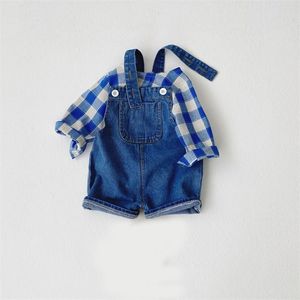 Lente zomer peuter kleding kleding sets plaid shirt + denim overalls shorts baby meisje jongen 210528