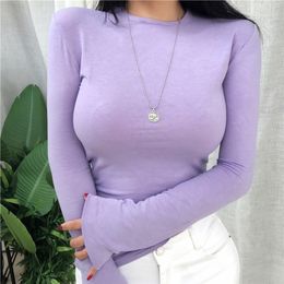 Lente Zomer Top Sexy T-shirt Vrouwen Elasticiteit Koreaanse Stijl Vrouw Kleding Slanke T-shirt Vrouwelijke Casual Lange Mouwen Tops 220307