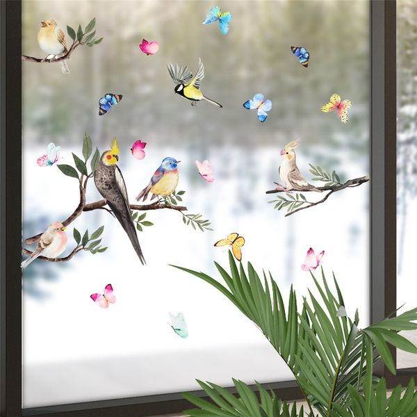 Pegatinas de pájaros de rama de árbol de primavera y verano, pegatinas de mariposa para ventana, decoración de puerta de cristal, nevera para el hogar, habitación de niños, vinilo sin pegamento