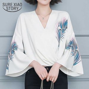 Chemise en mousseline de soie à col en V printemps-été à manches longues imprimée manches chauve-souris ventre ample ventre blanc haut fée 13510 210528