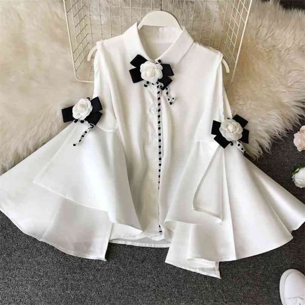 Primavera Verano Vintage solapa sin tirantes manga acampanada larga camisa de gasa delgada 3D flor Deco blusa mujer 210719