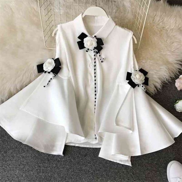 Printemps Été Vintage Revers Bretelles Big Flare Manches Longues Manches Longues Slim Chemise En Mousseline De Soie 3D Fleur Déco Blouse Femmes 210514