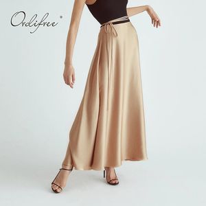 Lente Zomer Vintage Vrouwen Satijn Lange Hoge Taille Lace Up Sexy Zwart Gouden Zijde Maxi Rok 210415