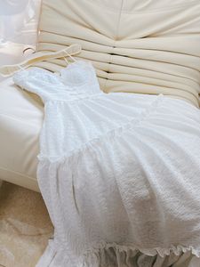 Lente zomer witte vezelige selvedge lint boog jacquard jurk spaghetti riem sweetheart nek paneel media casual jurken j4m258380