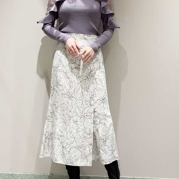 Printemps Été Femme Jupes Chic Split Fleur Imprimer Motif Taille Haute Jupe Japon Style Doux Mode Mousseline de Soie Jupe 210525
