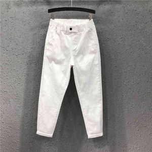 Lente zomer vrouwen enkellange broek plus size solid katoen denim losse harem witte zwarte elastische taille jeans M-3XL D68 211129