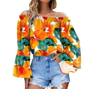 Lente zomer dames blouse stropdas kleurstof franje franje lantaarh mouw top 2022 femme colorblock off schouder blouse dame kleding tuniek l220705