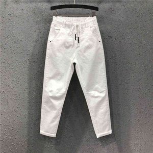 Lente zomer vrouwen katoen denim broek plus size elastische taille losse harem vrouwelijke casual enkellange witte jeans D317 211129