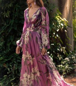 Frühling Sommer Frauen Kleider Mode Böhmischen Blumen Gedruckt V-ausschnitt Langarm Casual Plissee Chiffon Kleid