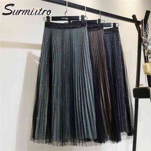 Lente zomer vrouwen Koreaanse stijl elegante shinny mesh hoge taille midi lange tule geplooid rok vrouw 210421