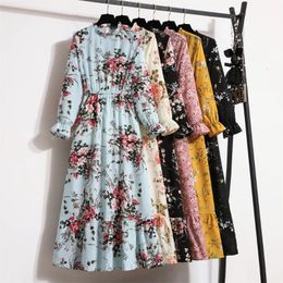 Lente zomer vrouwen maxi jurken vestidoes chiffon volle mouw vintage bedrukte bloemen rits casual lange jurk 240329