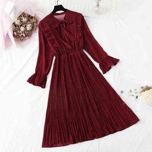 Lente zomer vrouwen print geplooid chiffon jurk mode vrouwelijke casual flare mouw boog vintage basic jurken 210521