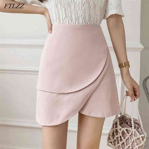 Lente zomer vrouwen ruches hoge taille mini rok casual vrouwelijke a-lijn zwart roze asymmetrische dames korte rokken 210430