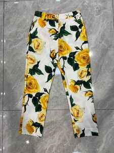 Pantalon Capris pour femme, 100% coton, imprimé fleur de Rose jaune, longueur cheville, printemps été