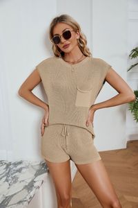 Printemps été femmes deux pièces pantalons ensembles lâche décontracté ensemble grande taille poche solide femmes tricot