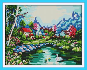 Printemps peinture de décor de maison de paysage de lac des cygnes, ensembles faits d'aiguille de broderie de point de croix à la main comptés impression sur la toile DMC 14CT / 11CT