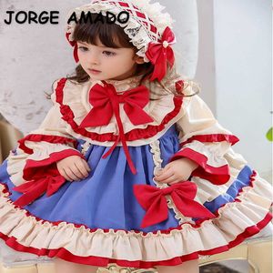 Printemps Adolescents Filles Robe Lolita Style Peter Pan Collier Rouge Bow Party avec Dentelle Chapeaux Enfants Vêtements E009 210610