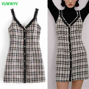 Lente Geweven Plaid Overvorse mini-jurken voor vrouwen contrast witte zwarte brede bandjes jurk vrouw front knop vestidos 210430