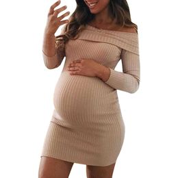 Lente de nieuwe zwangere jurk vrouwen mode casual zwangerschap lange mouwen effen kleur off schouder verpleging moederschap jurk Q0713