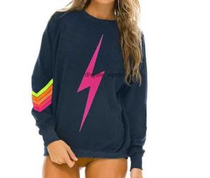 Lente dun sweatshirt dames/meisje O-hals regenboogstreep bliksemprint T-shirt met lange mouwen Mode Europa-VS-stijl