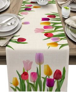 Spring Tulip Flower Floral Linen Table Coureurs Wasinable Doineuse Commête à restauration Coffee Runner Mariage de mariage Décor de fête 240430