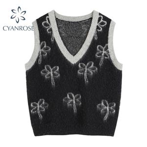 Lente v-hals trui mohair vest trui vrouwen bloemenprint vintage losse gebreide tops Koreaanse chique mouwloze knitwear 210515