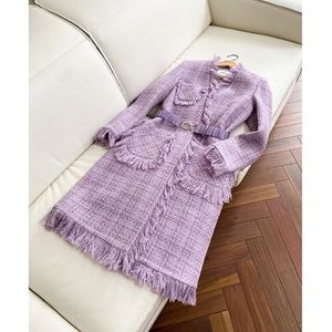 Printemps col en V Tweed ceinturé gland Trench manteau couleur unie violet 65% laine à manches longues poches longues manteaux d'extérieur J2O0591311