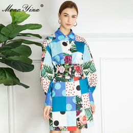 Lente Vakantie Shirt stijl Jurk Vrouwen Turn-down Kraag Sjerpen Mode stip bloemenprint Losse 210524