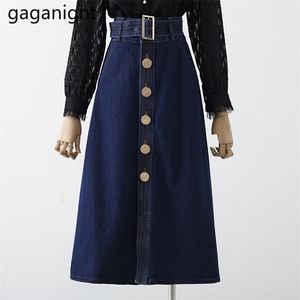 Printemps Vintage Denim femmes jupe mi-longue taille haute bleu jean une ligne jupes grande taille ceinture solide Femme Faldas 210601