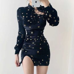 Lente Vintage Verbeterd Cheongsam Jurk Chinese Sexy Split Pakket Hip Fluwelen Sky Star Print Long Mouw 210604