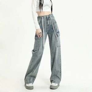 Spring vintage jeans dames elastische taille mode rechte trekkoord baggy y2k lading broek streetwear 240523