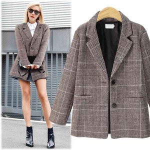 Spring Vintage Plaid Blazer voor Vrouwen Tweed Dames Kantoor Dames Suits Jas Lange Mouw Casual Blazers Jassen Vrouwelijke Feminino 210514